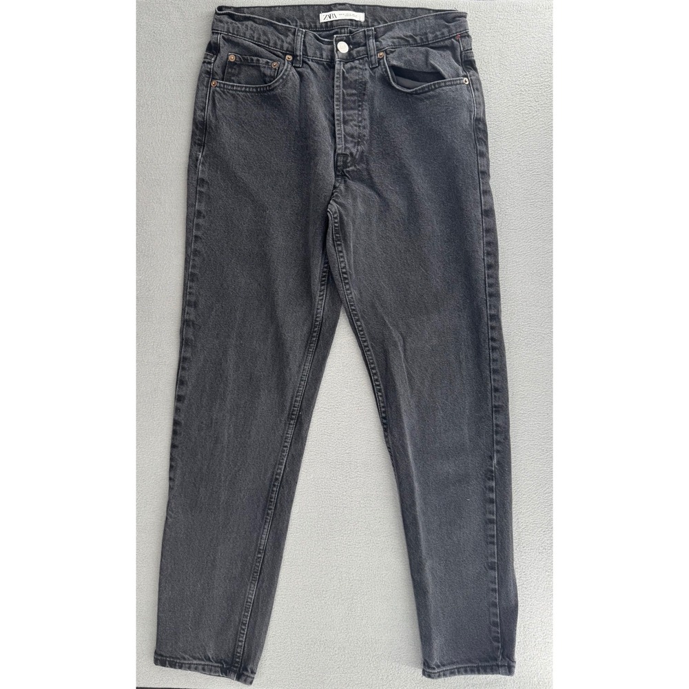 Zara Mom Jeans Sz 30 Black High Waisted Button Fly Tapered Leg Faded Grunge
